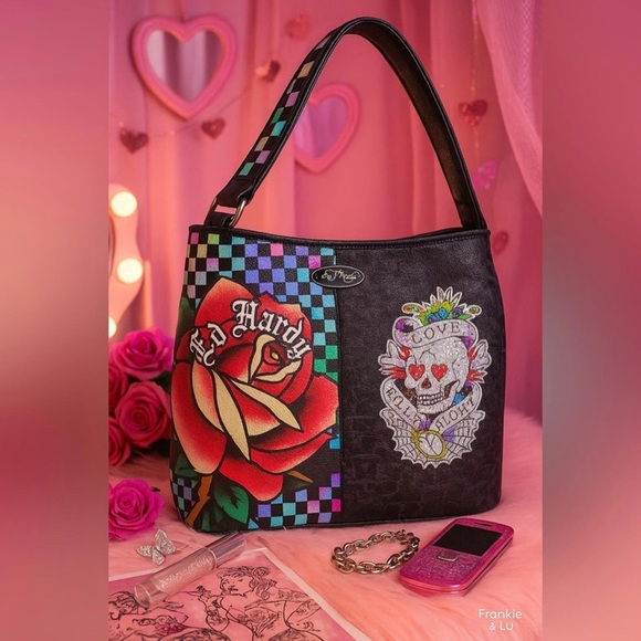 Ed Hardy Black Shoulder Bag Holographic Checkerboard Rose & Rhinestone Skull NWT - Picture 1 of 9